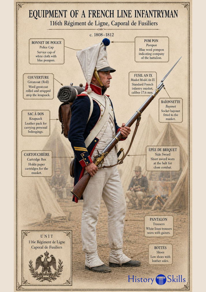 French line infantry corporal in Napoleonic uniform, holding a musket with bayonet, surrounded by labeled equipment including knapsack, cartridge box, sword, cap, and greatcoat.