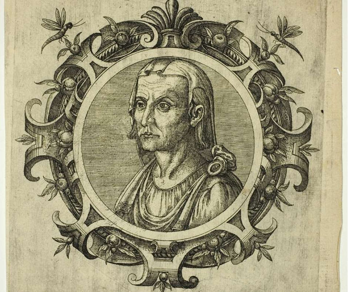 Engraved portrait of Hippocrates, the ancient Greek physician, published in 1574 with accompanying text by Johannes Sambucus.