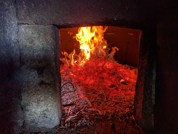 A glowing fire burns intensely inside a stone furnace or hearth, with bright flames rising from smoldering embers and dried plant material, creating a vivid contrast against the dark surroundings.