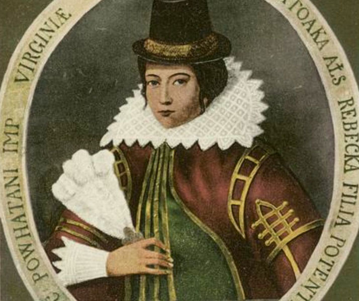 A historical portrait of Pocahontas, depicted in European attire with a high lace collar, a tall hat, and a feathered fan. 