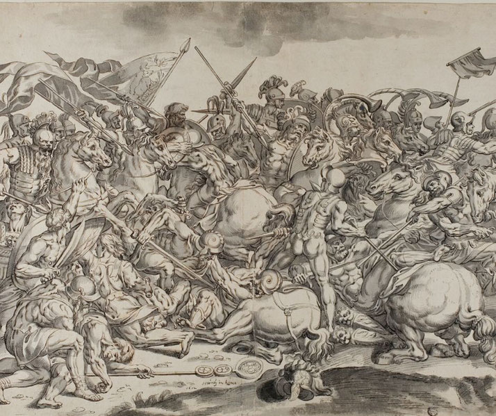A detailed black-and-white engraving of the Battle of the Milvian Bridge, depicting chaotic cavalry combat, clashing swords, fallen soldiers, and banners waving amidst intense fighting.