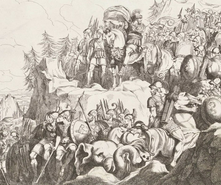 Hannibal stands atop the Alps with his army and elephants, pointing toward Italy.