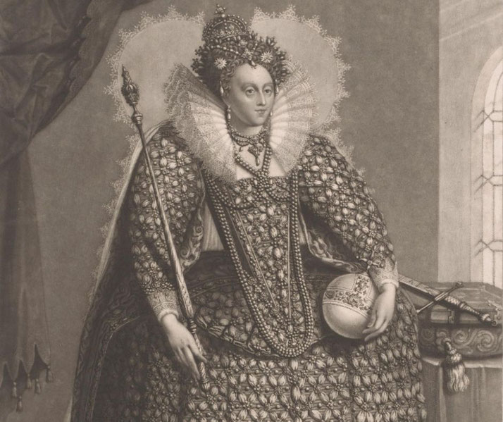 A regal portrait of a queen in elaborate attire, wearing a detailed gown adorned with pearls and jewels. 