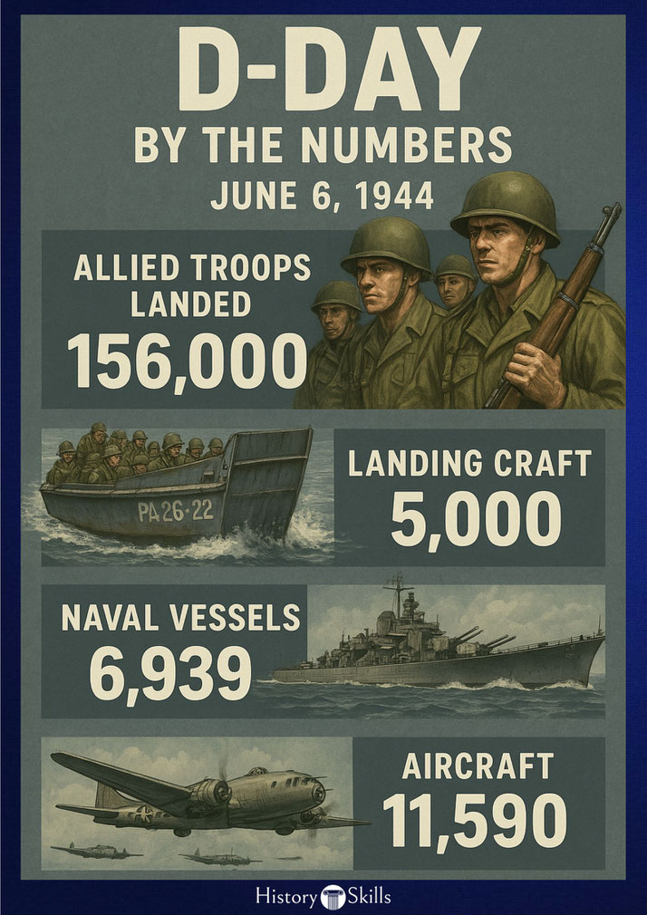 D-Day stats from June 6, 1944: 156,000 Allied troops landed, 5,000 landing craft, 6,939 naval vessels, and 11,590 aircraft were involved in the operation.