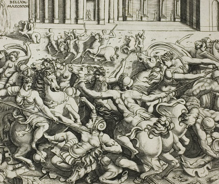 A dramatic black-and-white engraving depicting the Battle of the Amazons, showing fierce combat between warriors on horseback wielding spears and swords.