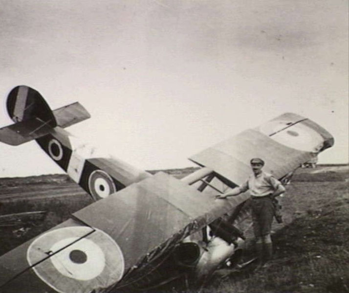 A man stands beside a crashed biplane with roundel markings, its nose buried in the ground and tail raised.