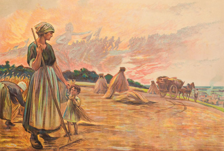 A woman and child harvest wheat in a golden field, while ghostly soldiers and a symbolic female figure appear in the fiery sky.