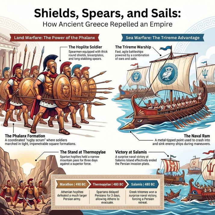 Illustrated infographic of Ancient Greek warfare, showing hoplite soldiers in phalanx formation and trireme ships at sea, with notes on battles like Marathon, Thermopylae, and Salamis.
