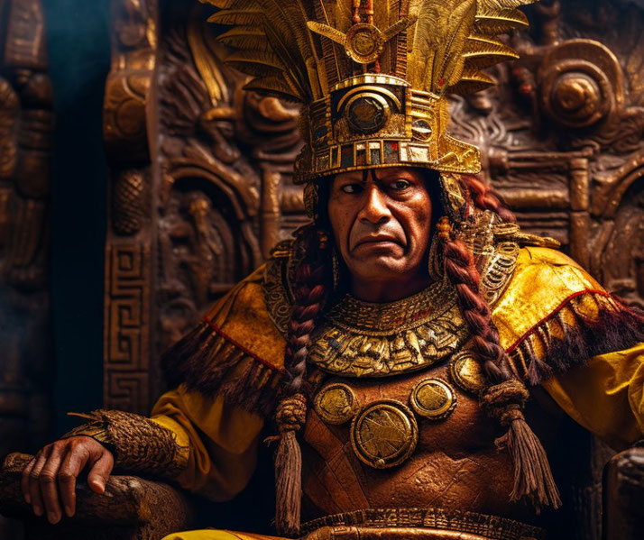 Inca emperor seated on a golden throne
