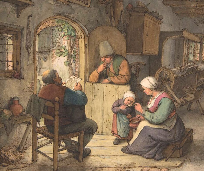 A rustic cottage scene where a man reads aloud from a paper, a woman feeds a child, and another man leans on a half-door listening.