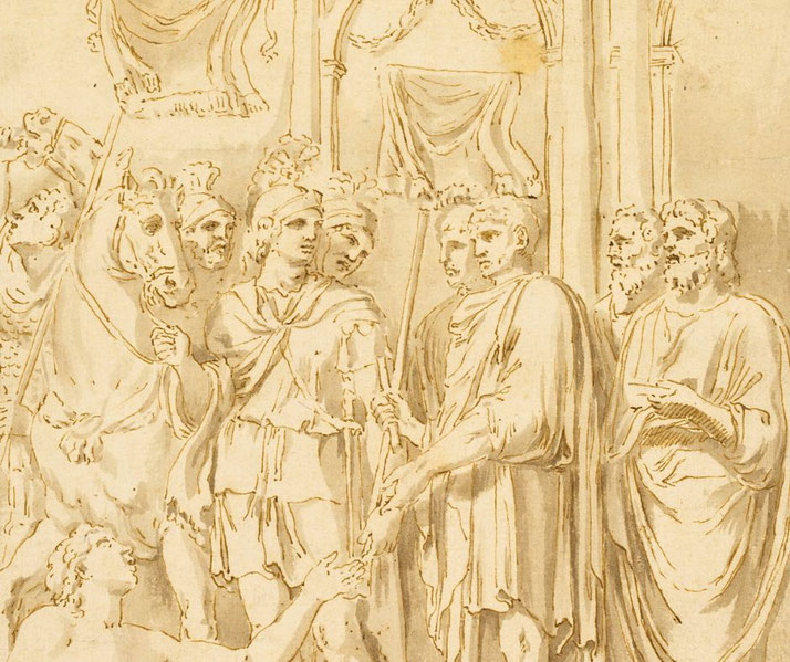 Roman senators and soldiers in a formal setting, possibly discussing military matters or a surrender. 