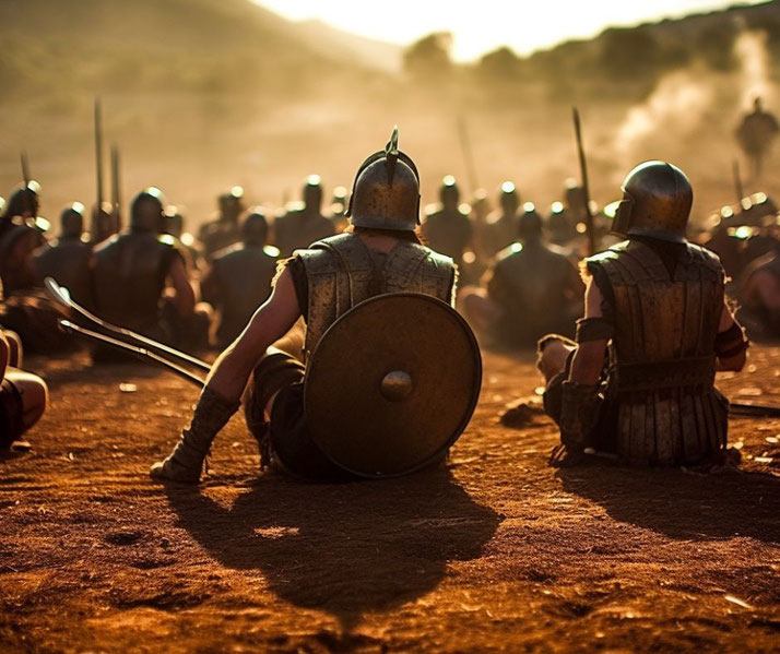 Ancient Greek hoplites resting on a dusty battlefield at sunset. Their bronze helmets and shields glisten in the fading light as they await orders.