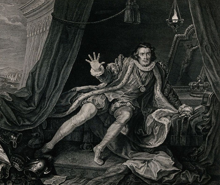 A dramatic engraving of a man in elaborate Renaissance attire, recoiling in fear. He gestures defensively, eyes wide with alarm.
