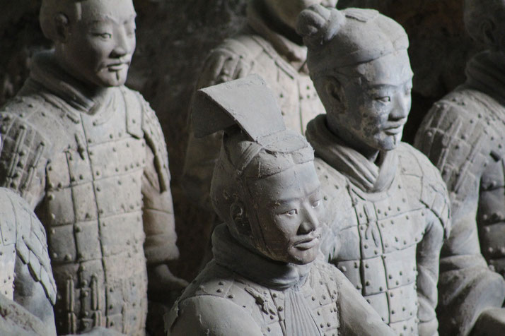 A close-up of Terracotta Warriors, life-sized clay soldiers buried with China's first emperor, Qin Shi Huang.