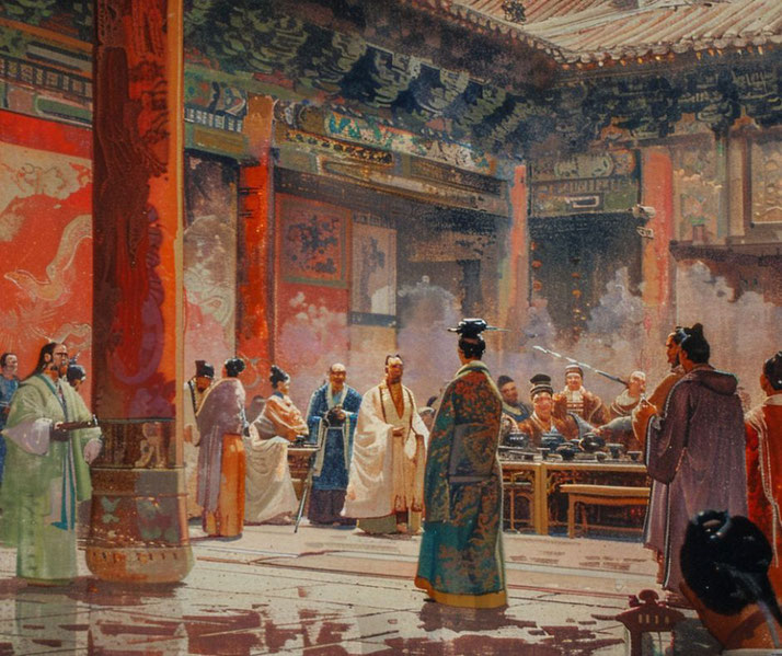 A grand imperial court scene in ancient China. Nobles, officials, and attendants gather in an ornate hall with red pillars and intricate decorations.