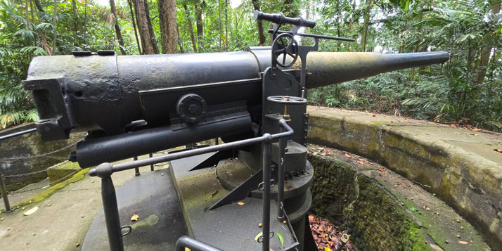 Close-up view of an old coastal artillery gun with rusted details and moss around its concrete base, surrounded by dense tropical forest.