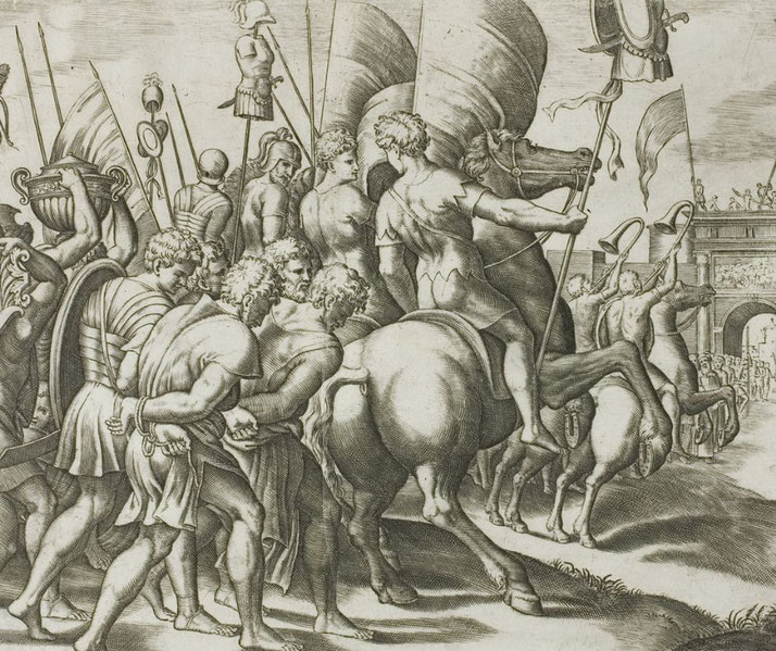 Engraving by Master of the Die, depicting Scipio Africanus's victory procession through Rome.