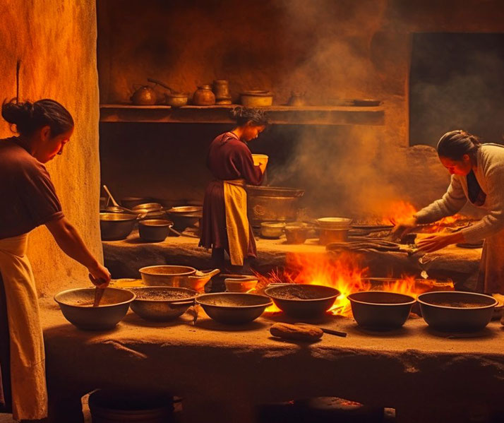 Yanaconas, or servants, preparing a feast in a royal Incan kitchen