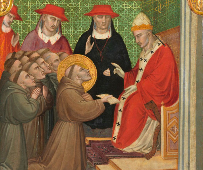Saint Francis kneeling before the Pope, seeking approval for his order. Monks accompany him, while cardinals observe.