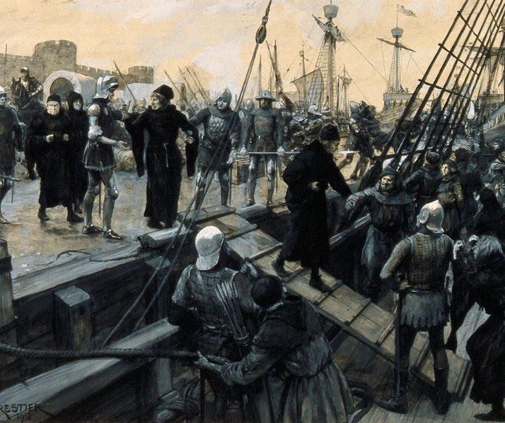 A dramatic medieval scene at a harbor, where armored soldiers and cloaked figures engage in tense discussions as a man boards a ship.