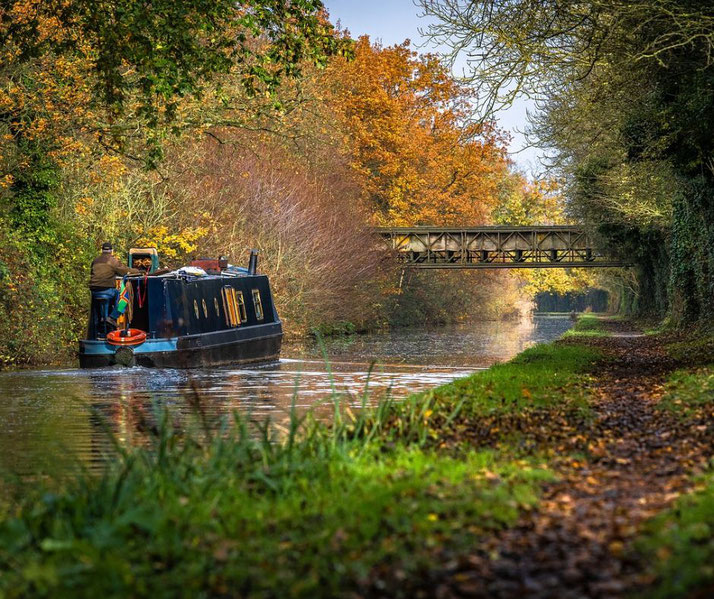  peaceful canal surrounded by autumn foliage. A metal bridge spans the water, and a towpath lined with grass and fallen leaves follows the canal’s curve into the distance.
