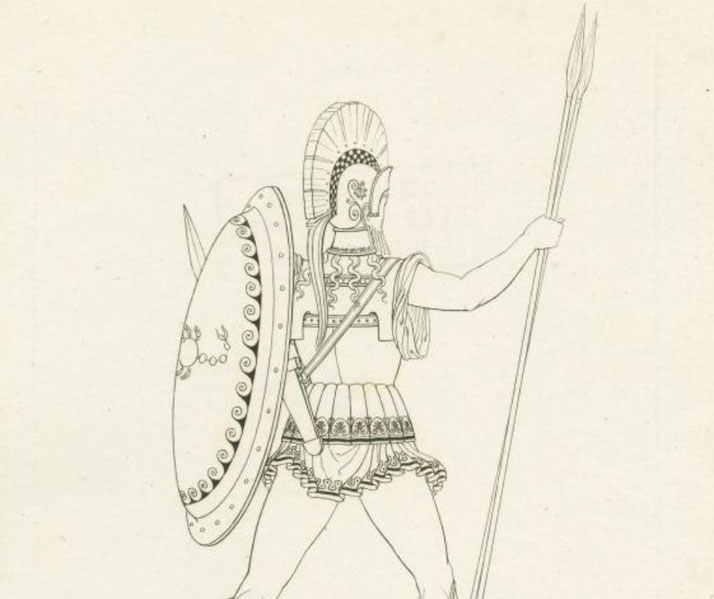 Line drawing of an ancient Greek hoplite in armor, holding a large round shield and spear, viewed from the back with detailed helmet and tunic.