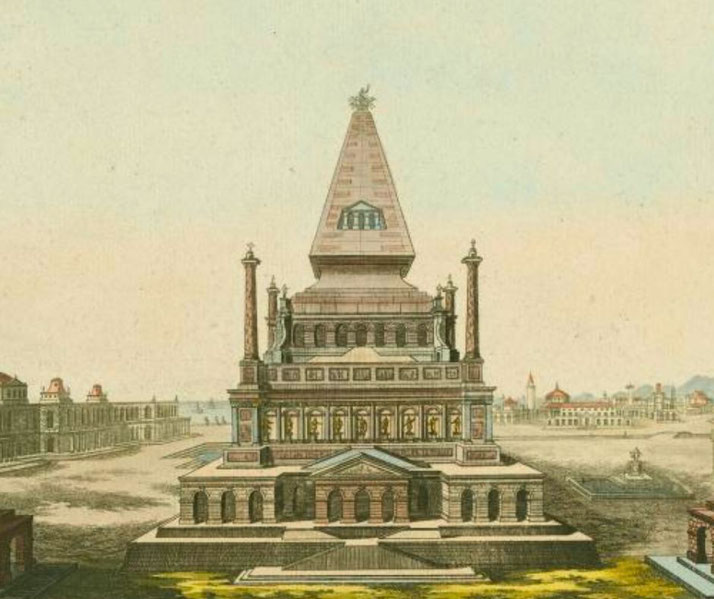Illustration of the Mausoleum at Halicarnassus with a stepped structure, decorative statues, and a pyramid-shaped roof in a classical cityscape.
