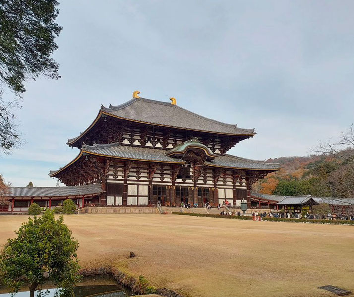Tōdai-ji, a historic Buddhist temple in Nara, Japan. Its massive wooden structure, intricate roof design, and surrounding landscape highlight its cultural and architectural significance.