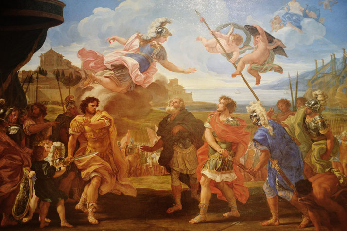 Classical painting depicting mythological figures and warriors with a flying goddess and cherubs above a dramatic ancient scene.