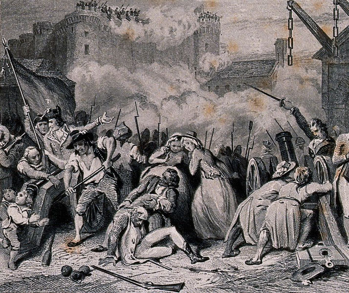 The storming of the Bastille on July 14, 1789, with revolutionaries clashing with royal forces amid smoke, cannon fire, and chaos.