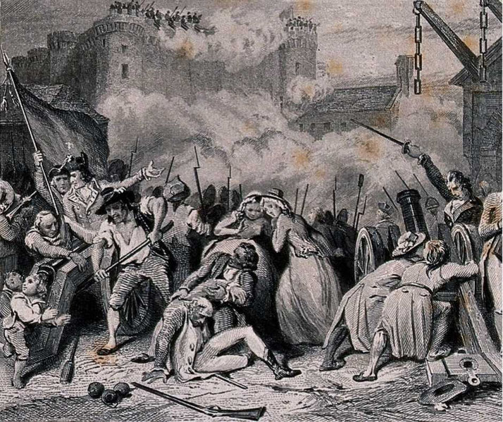 The storming of the Bastille on July 14, 1789, with revolutionaries clashing with royal forces amid smoke, cannon fire, and chaos.