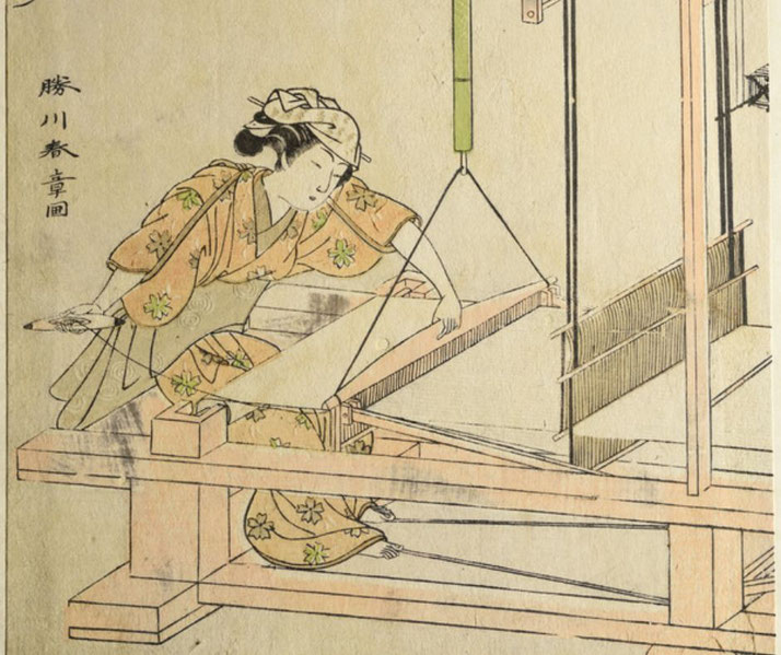A Japanese woodblock print depicting a woman in a kimono operating a traditional loom, weaving silk. The artwork features delicate lines and soft colors, capturing Edo-period craftsmanship.