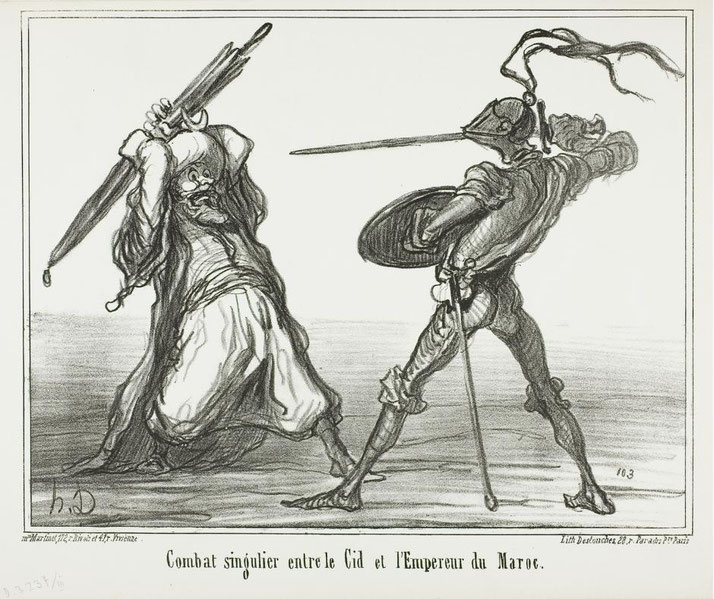 Black-and-white lithograph depicting a chaotic clash between El Cid and the Emperor of Morocco with exaggerated figures and dramatic movement.