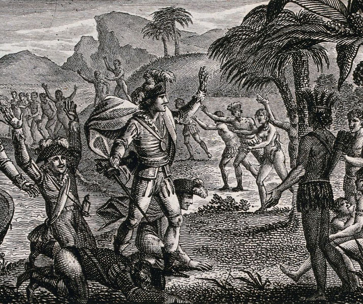 Engraving depicts Columbus landing in the New World. European explorers raise their hands, while Indigenous people react with gestures of curiosity and caution in a dramatic encounter.