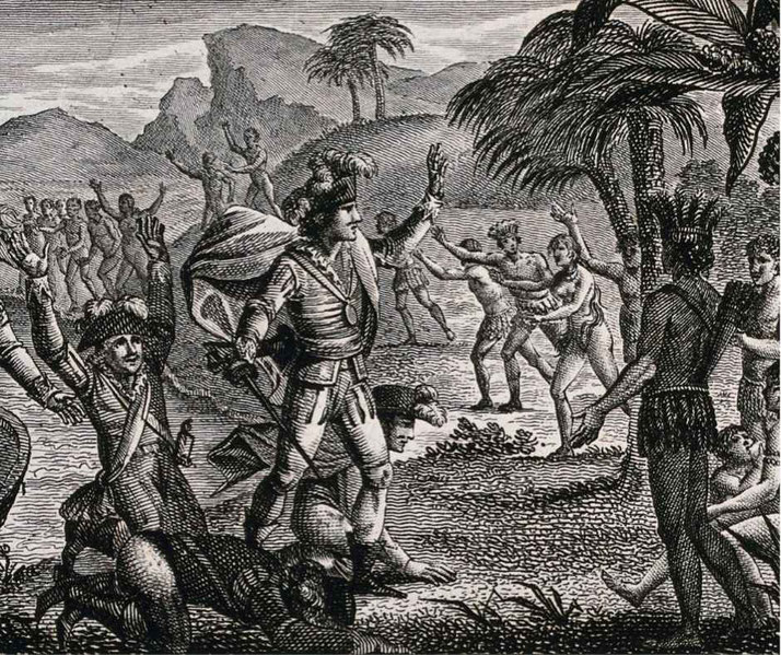 Engraving depicts Columbus landing in the New World. European explorers raise their hands, while Indigenous people react with gestures of curiosity and caution in a dramatic encounter.