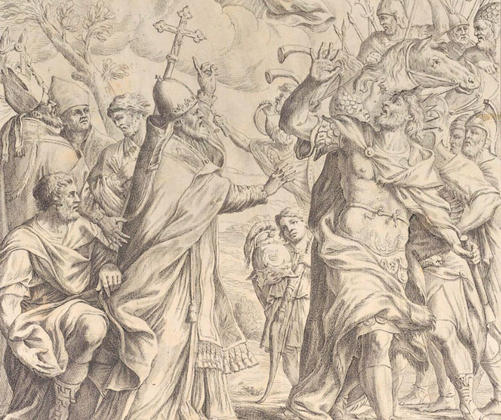 Pope Leo I confronting Attila the Hun outside the gates of Rome. The pope, holding a cross, stands defiantly against Attila, while both sides' warriors prepare for conflict.