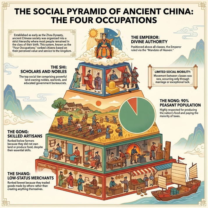 Educational infographic illustrating the social pyramid of ancient China, with the emperor at the top, followed by scholars, farmers, artisans, and merchants.
