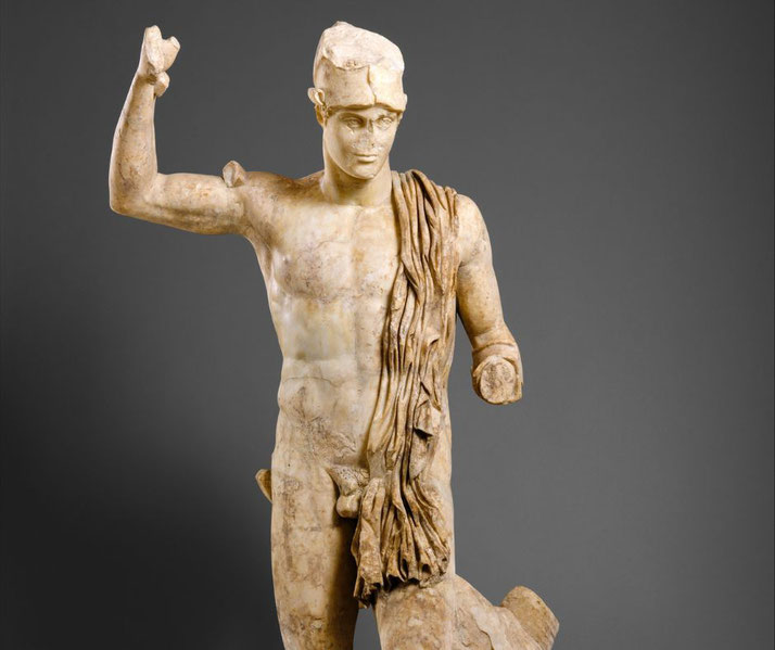 Roman marble statue depicting a warrior, possibly Protesilaos, wounded under the arm, descending from a ship to meet his fate.