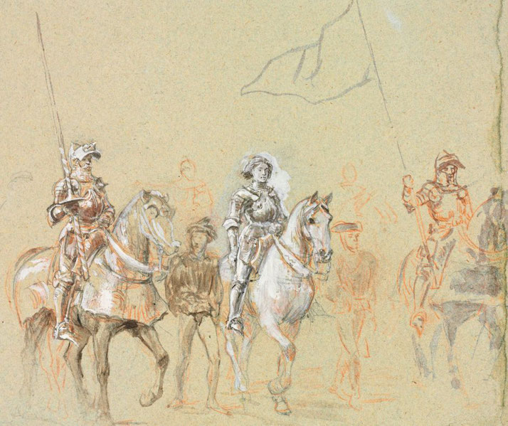 A historical sketch depicts armored knights on horseback leading a procession.