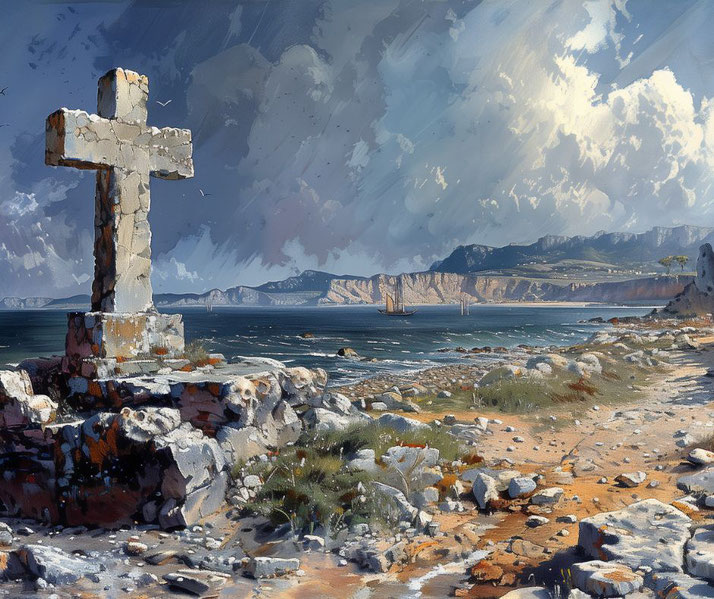 A weathered stone cross on a rocky coastal path, overlooking the sea. A ship sails in the distance under a dramatic sky, with rugged cliffs and mountains forming the backdrop.