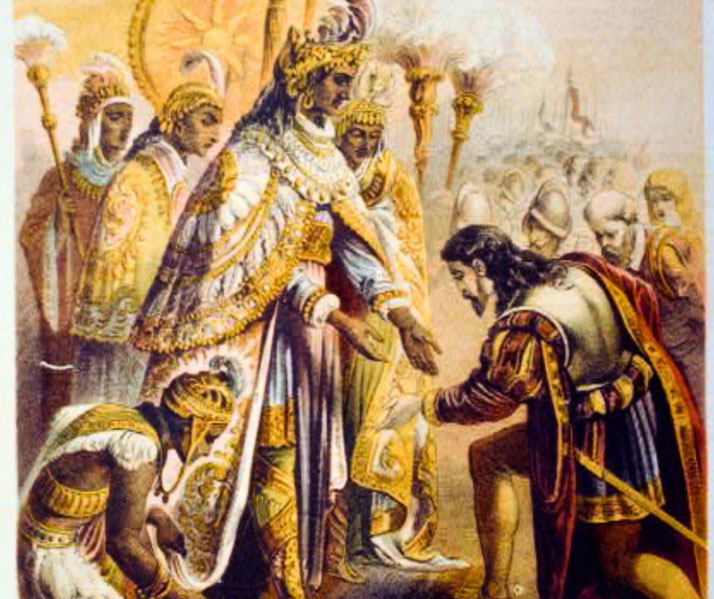 Historical illustration depicts Hernán Cortés kneeling before Aztec Emperor Montezuma II, who is adorned in elaborate regalia, surrounded by his attendants, while Spanish soldiers stand behind Cortés.