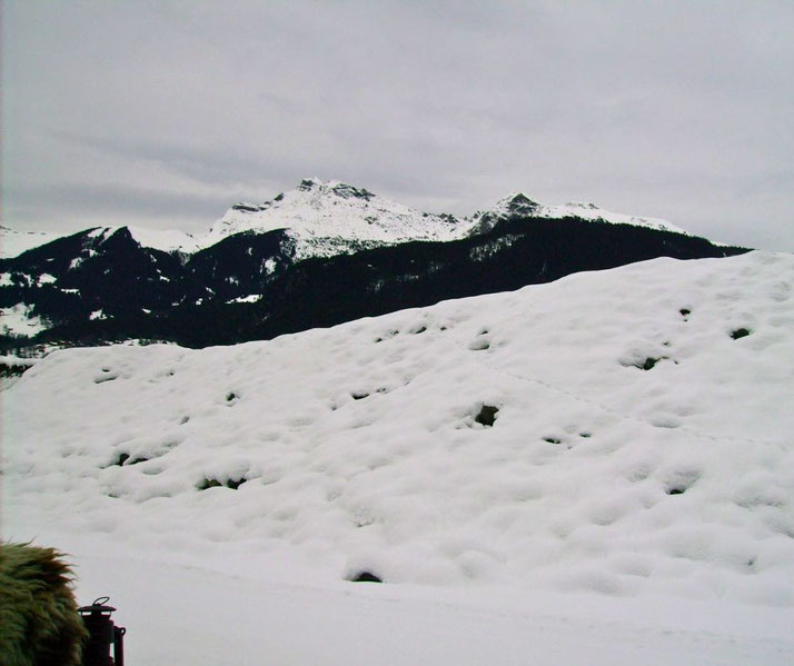 Snow-covered hill with uneven, pitted surface in front of dark forested slopes and distant alpine peaks under a cloudy sky.