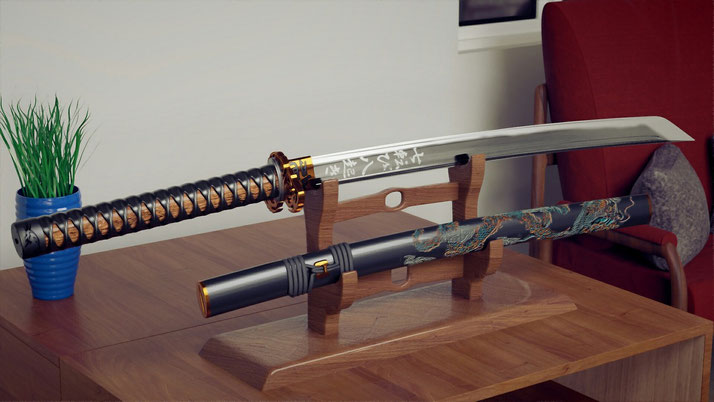A decorative katana with engraved characters on the blade rests on a wooden stand. The black scabbard features an intricate dragon design.