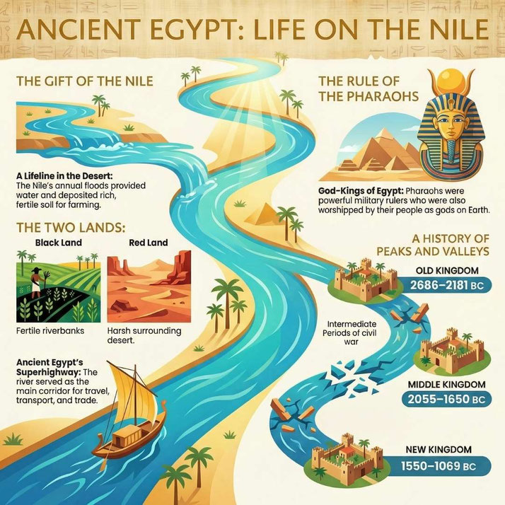 Colorful infographic illustrating ancient Egyptian life along the Nile, showing fertile lands, desert regions, pharaohs, trade, and three major kingdoms.