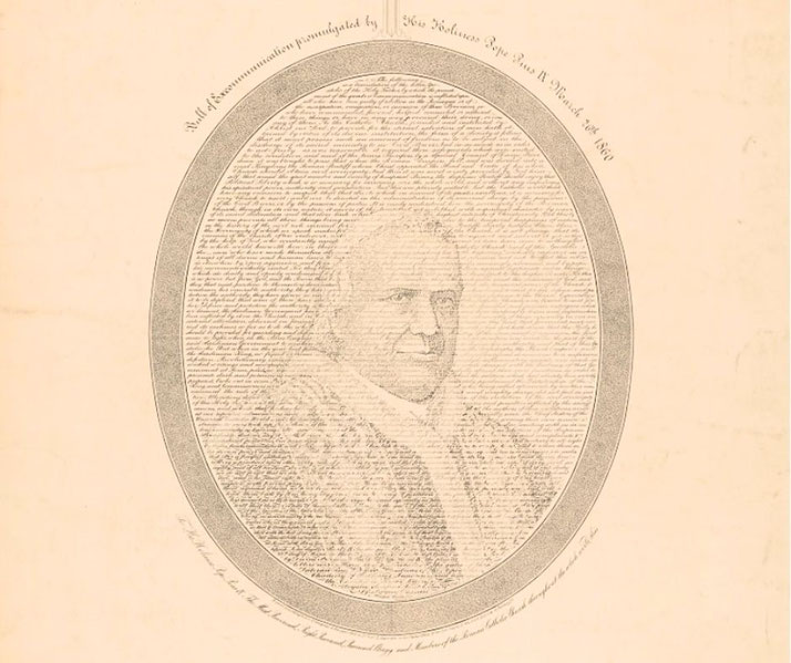 Circular artwork composed of dense handwritten text forming a portrait of a man, bordered by an oval frame with additional inscriptions on aged paper.
