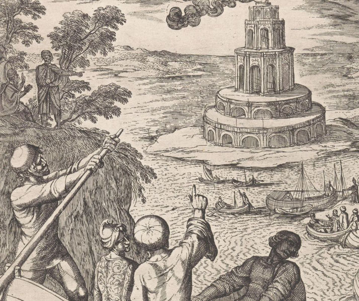 Engraving of the Lighthouse of Alexandria with tiered architecture emitting smoke, as sailors and onlookers gesture toward it from boats and shore.