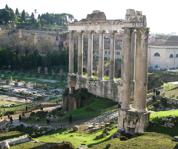 The ruins of the Temple of Saturn in the Roman Forum.