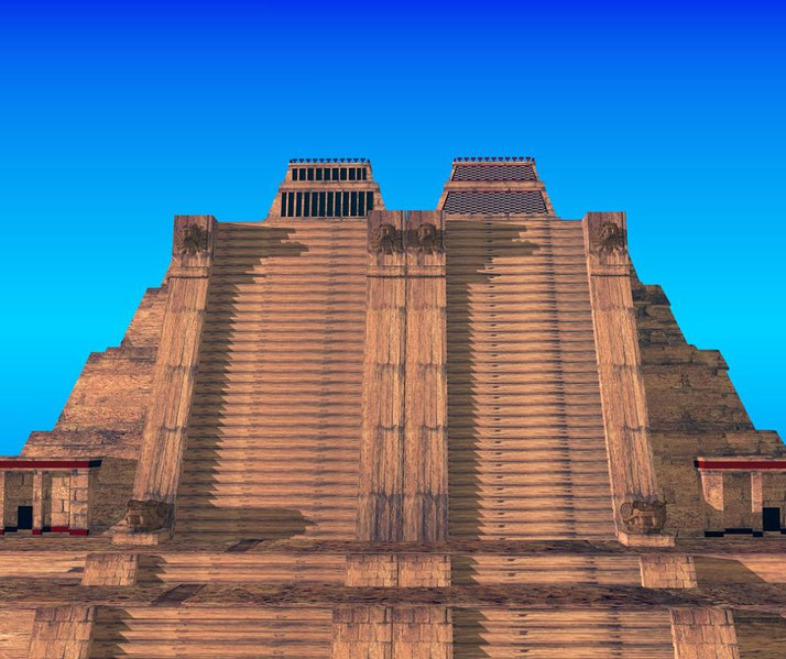 A 3D-rendered image of an ancient Mesoamerican pyramid with wide, steep staircases leading to two temple structures at the top, set against a bright blue sky.