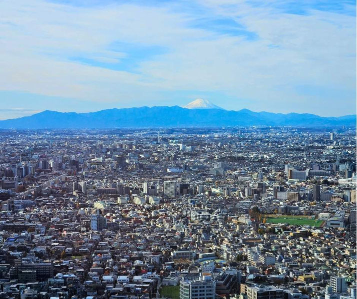 Wide cityscape of Tokyo under a bright sky, with Mount Fuji snow-capped in the distance beyond dense urban buildings.