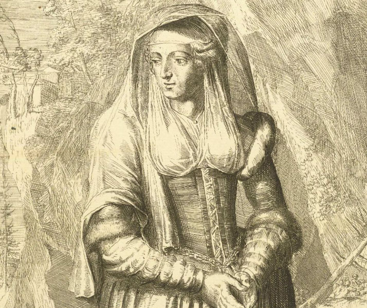 A detailed vintage engraving of a woman in medieval attire, wearing a veil and a fitted gown with puffed sleeves.